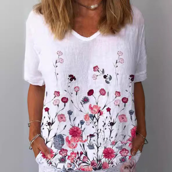 【Cumpără 1 primești 1 gratis】【XS-6XL】Tricou cu mâneci scurte cu imprimeu floral din in bumbac