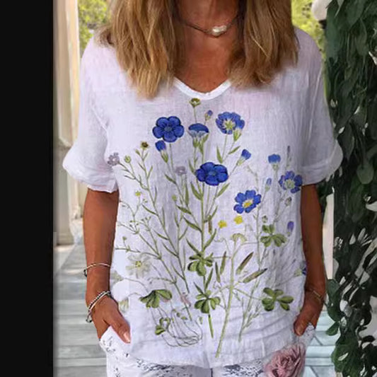 【Cumpără 1 primești 1 gratis】【XS-6XL】Tricou cu mâneci scurte cu imprimeu floral din in bumbac