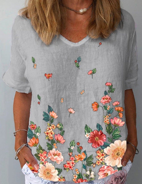 【Cumpără 1 primești 1 gratis】【XS-6XL】Tricou cu mâneci scurte cu imprimeu floral din in bumbac