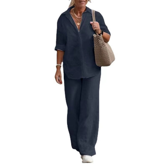 【50%OFF】【S-5XL】Costum casual solid cu pantaloni cu picior larg