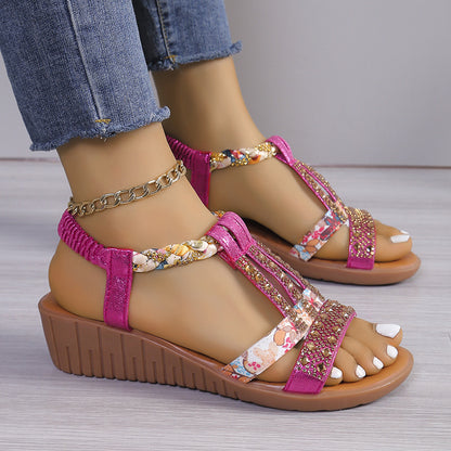 2024 Nou 34-43- Pantofi mari pentru femei stil Bohemian Casual Set Picior de apă diamant pantă toc rotund Cap Sandale de plajă