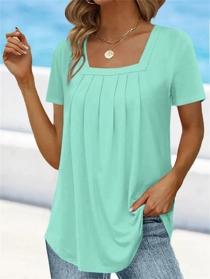 【S-5XL】2024 Vară Noul tricou de culoare solidă cu gât pătratTop Loose Femei cu mânecă scurtă