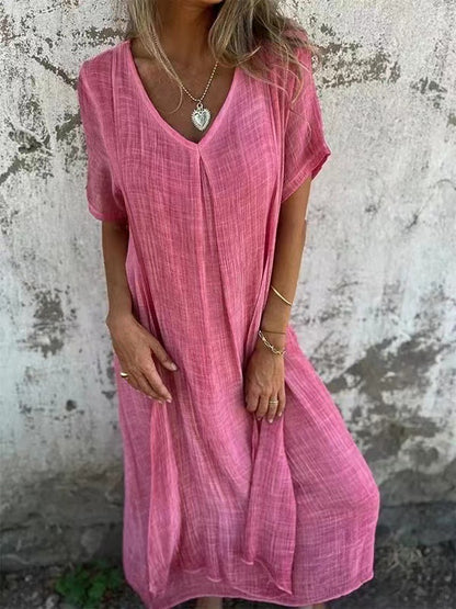 XS-3XL-2024 Fusta casual primavara-vara larga cu maneca scurta decolteu in V culoare solida rochie din bumbac si in