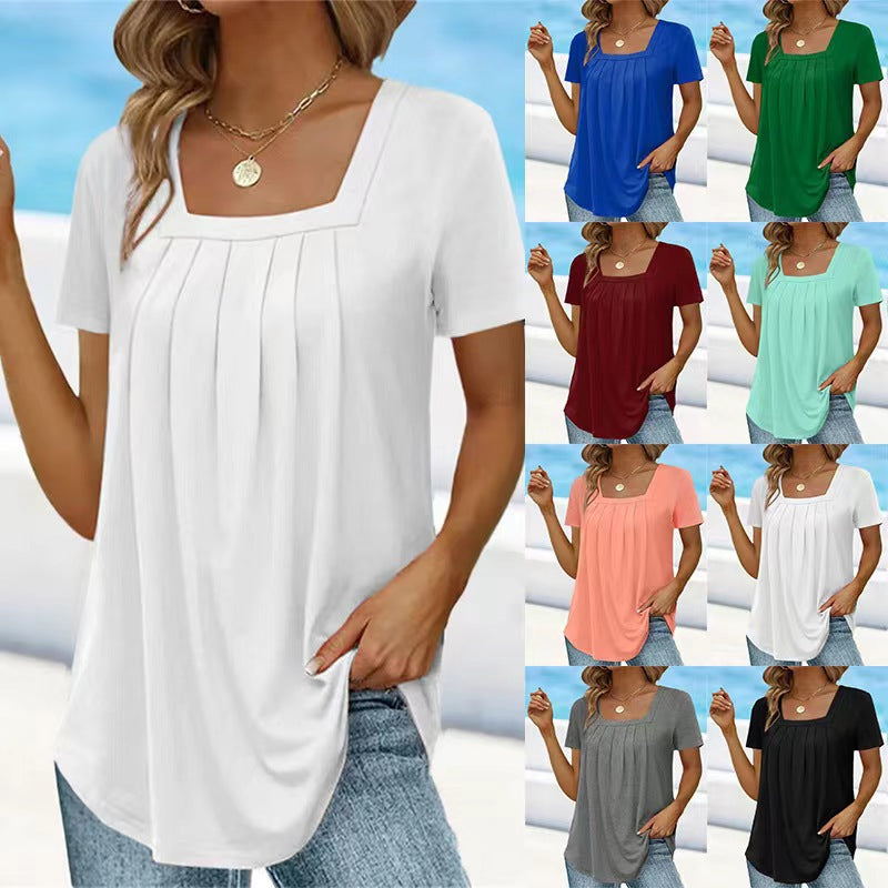 【S-5XL】2024 Vară Noul tricou de culoare solidă cu gât pătratTop Loose Femei cu mânecă scurtă