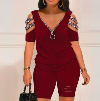 S-3XL-2024 Costum casual de damă imprimat cu decolteu în V cu fermoar cu mâneci scurte și pantaloni scurți din două piese