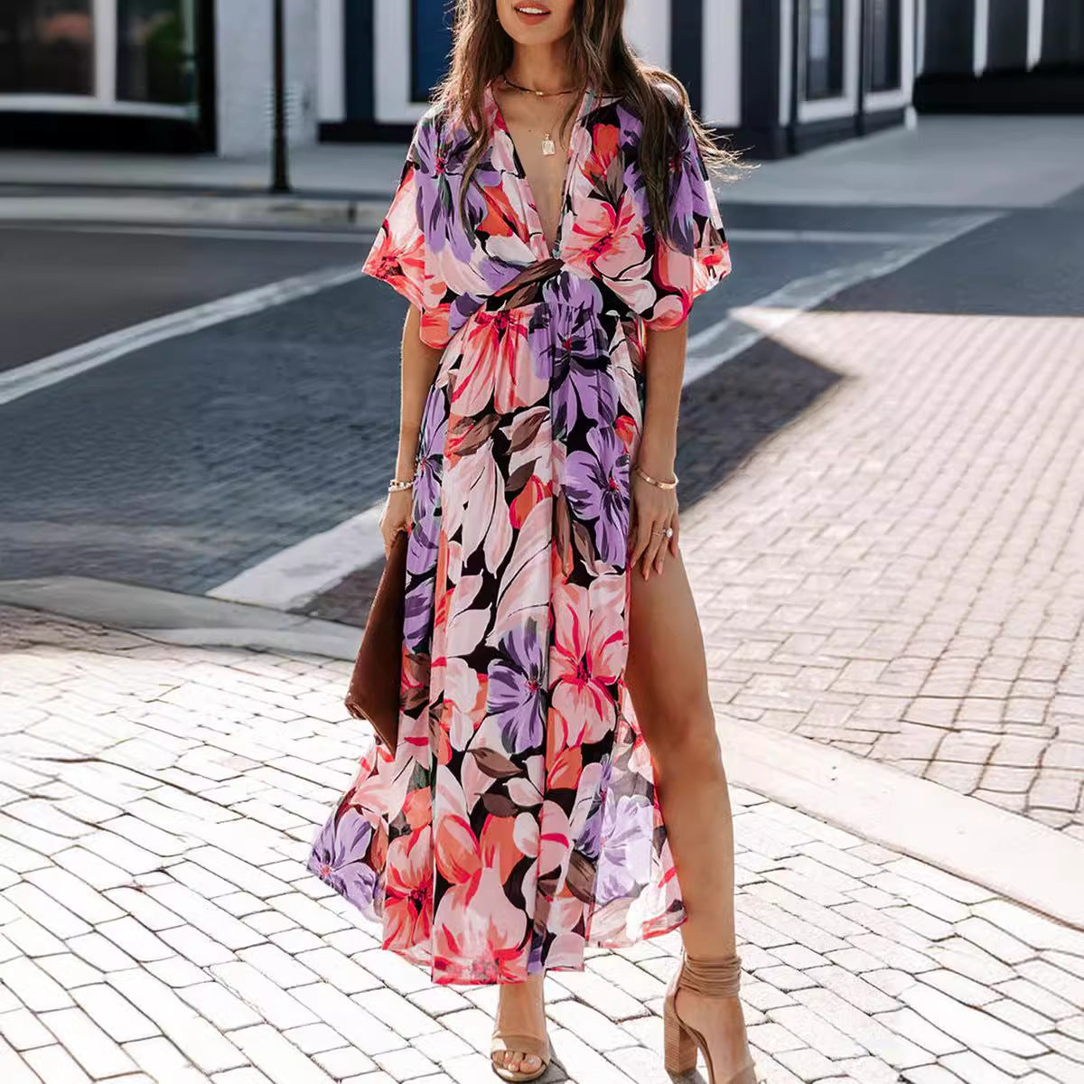 S-2XL-2024 Rochie sexy cu șliț imprimat cu talie înaltă