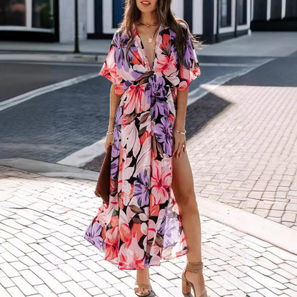 S-2XL-2024 Rochie sexy cu șliț imprimat cu talie înaltă