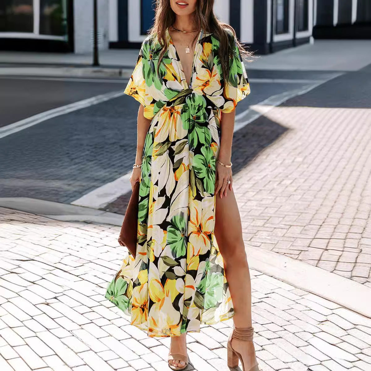 S-2XL-2024 Rochie sexy cu șliț imprimat cu talie înaltă