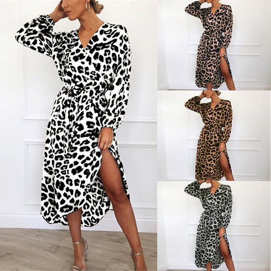 S-2XL-2024 Rochie sexy din sifon cu maneca lunga cu decolteu leopard cu decolteu in V