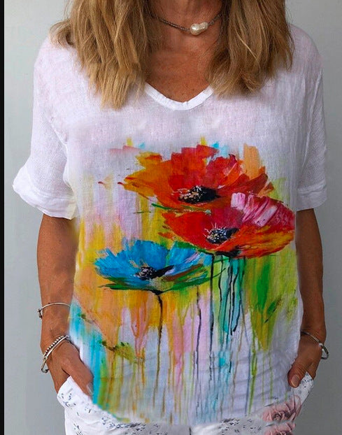 【Cumpără 1 primești 1 gratis】【XS-6XL】Tricou cu mâneci scurte cu imprimeu floral din in bumbac