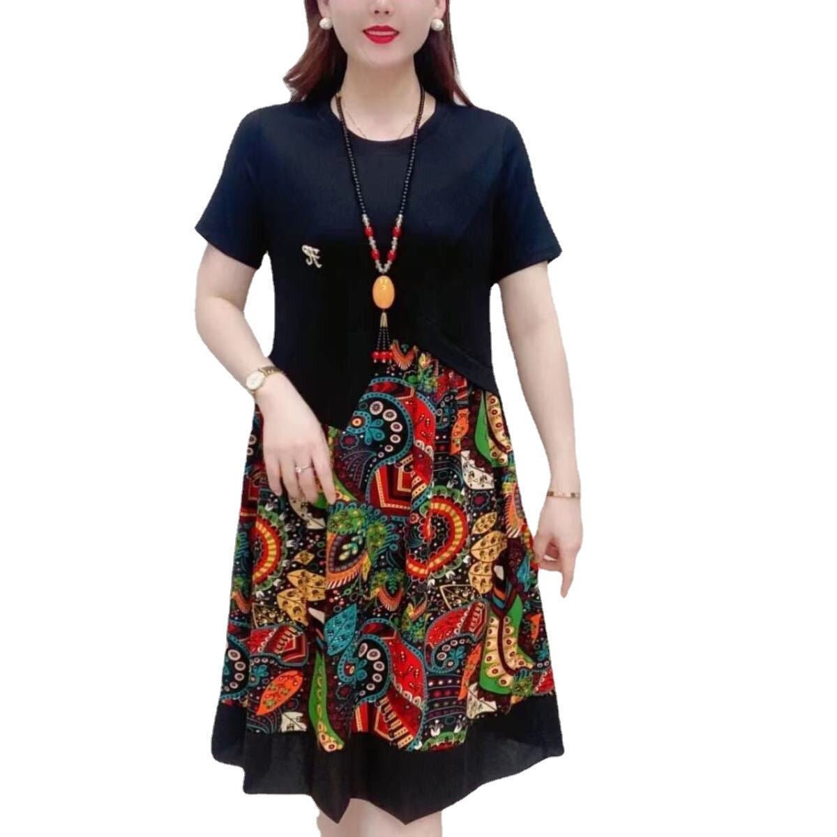 M-6XL-2024 Rochie midi patchwork cu mânecă scurtă pentru modă mid-rise