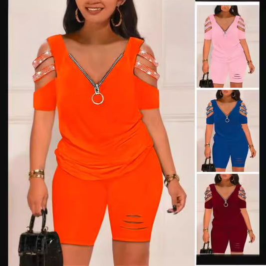 S-3XL-2024 Costum casual de damă imprimat cu decolteu în V cu fermoar cu mâneci scurte și pantaloni scurți din două piese