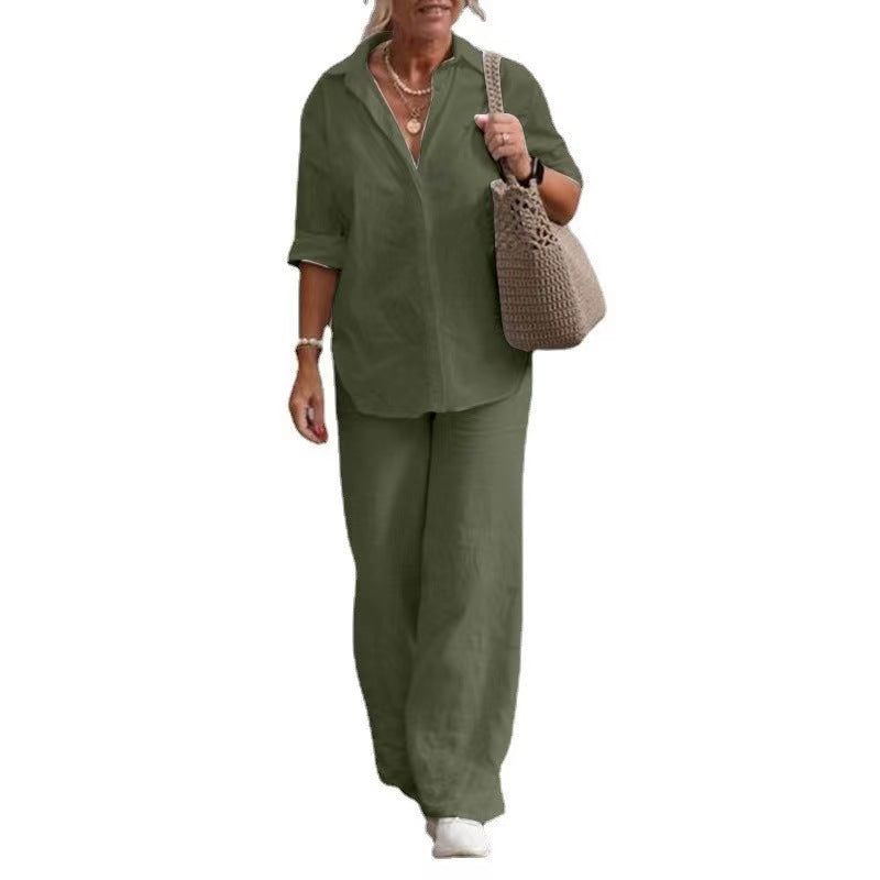 【50%OFF】【S-5XL】Costum casual solid cu pantaloni cu picior larg