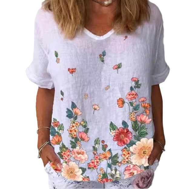 【Cumpără 1 primești 1 gratis】【XS-6XL】Tricou cu mâneci scurte cu imprimeu floral din in bumbac