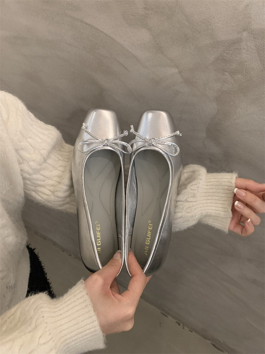 Silver Single-Layer Shoes Low-Cut Bowknot 2024 Spring New French Gentle Wanwan Lei Style Flat Pumps Women's Shoes