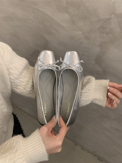 Silver Single-Layer Shoes Low-Cut Bowknot 2024 Spring New French Gentle Wanwan Lei Style Flat Pumps Women's Shoes