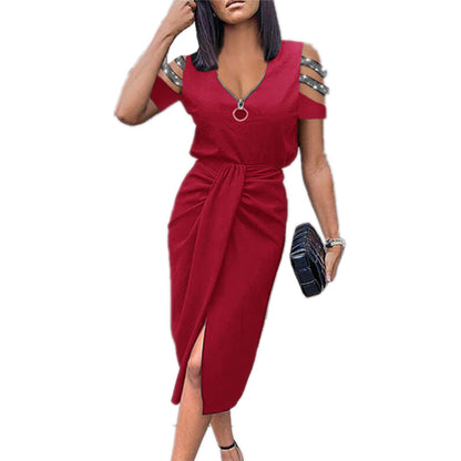 S-2XL-2024 Fusta maxi solida cu fermoar decupata cu maneca scurta si decolteu in V