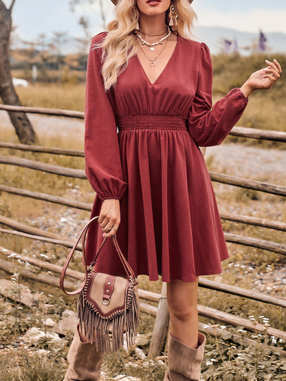 S-XL-2024 Rochie casual cu maneca lunga in V pentru femei noua rochie cu maneca lunga in culoare in V