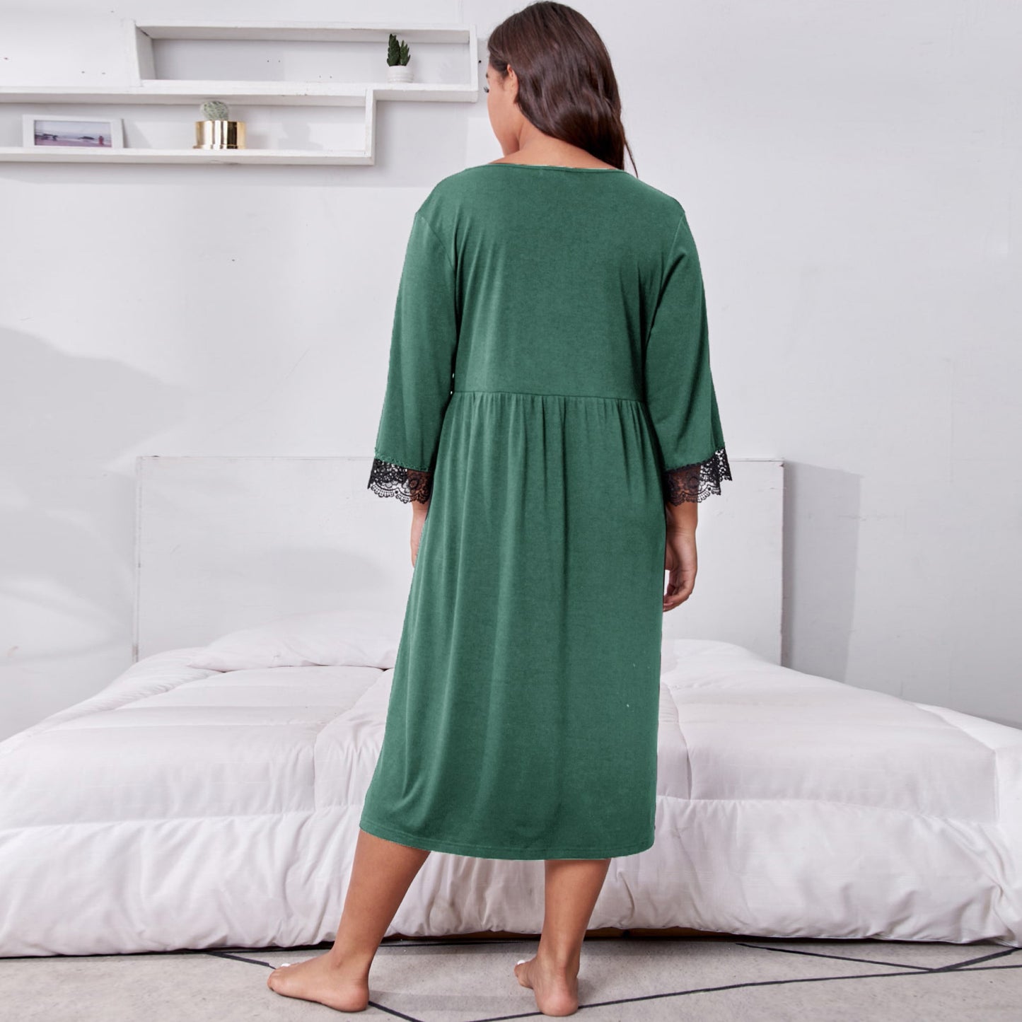 [1XL-5XL ]-2024 Plus dimensiune doamnelor cu mâneci lungi panou de dantelă V-gât loose acasă cămașă de noapte femei