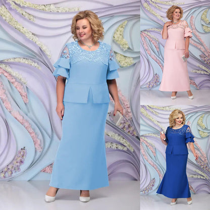 Large Size European and American New Dress Women's Evening Dress Refined Handmade Lace Embroidered Two-Piece Set Temperament Commute Slim Fit