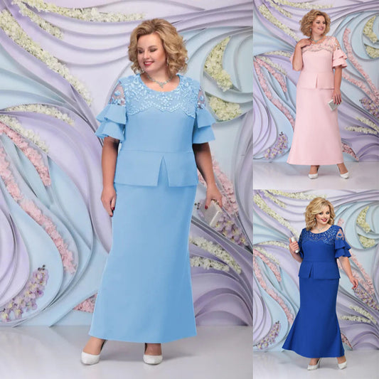 Large Size European and American New Dress Women's Evening Dress Refined Handmade Lace Embroidered Two-Piece Set Temperament Commute Slim Fit