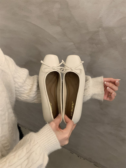 Silver Single-Layer Shoes Low-Cut Bowknot 2024 Spring New French Gentle Wanwan Lei Style Flat Pumps Women's Shoes