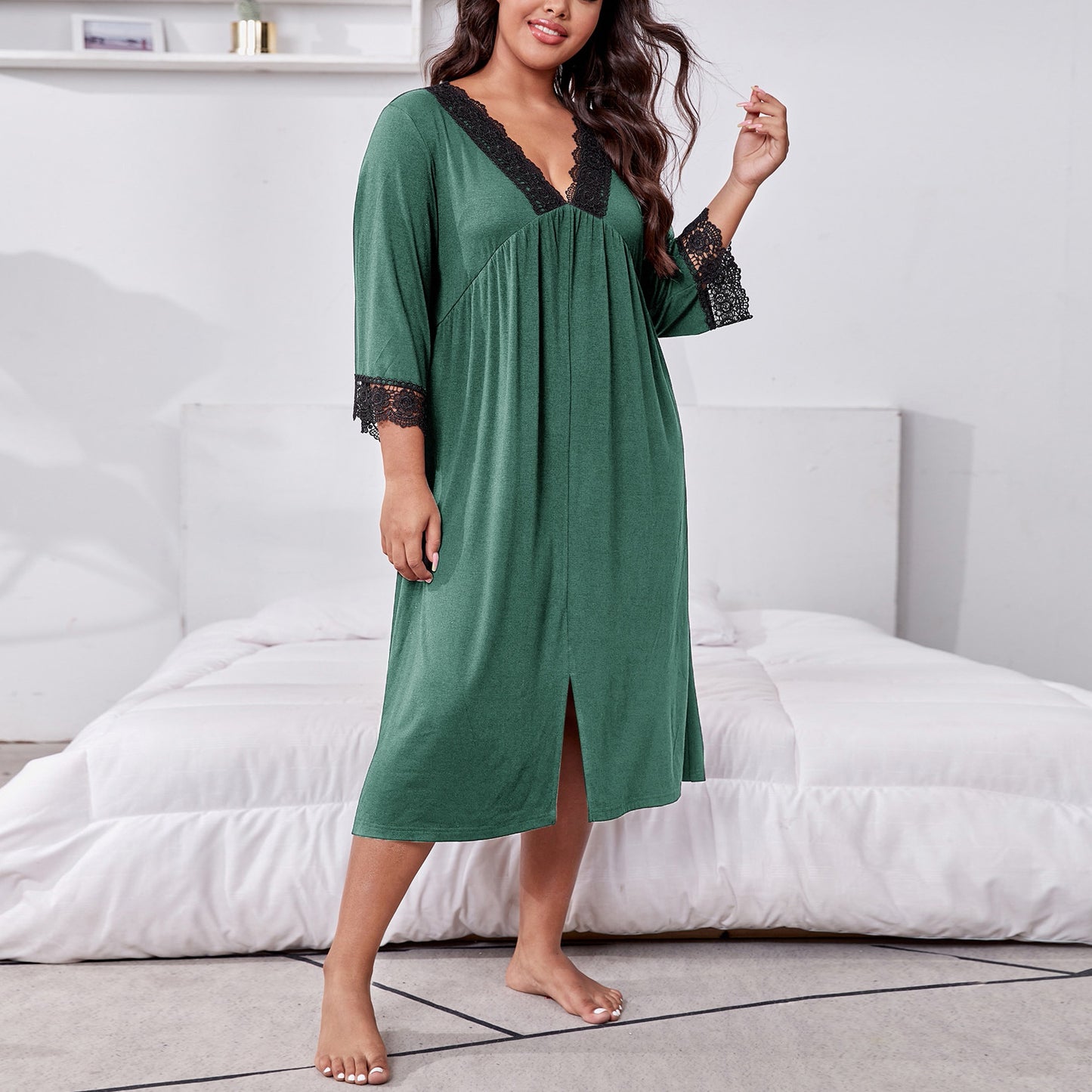[1XL-5XL ]-2024 Plus dimensiune doamnelor cu mâneci lungi panou de dantelă V-gât loose acasă cămașă de noapte femei