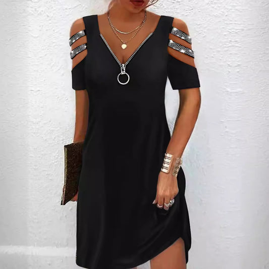 S-3XL-2024-Rochie sexy cu maneca scurta cu fermoar hot diamond de vara,Naveta temperamentală