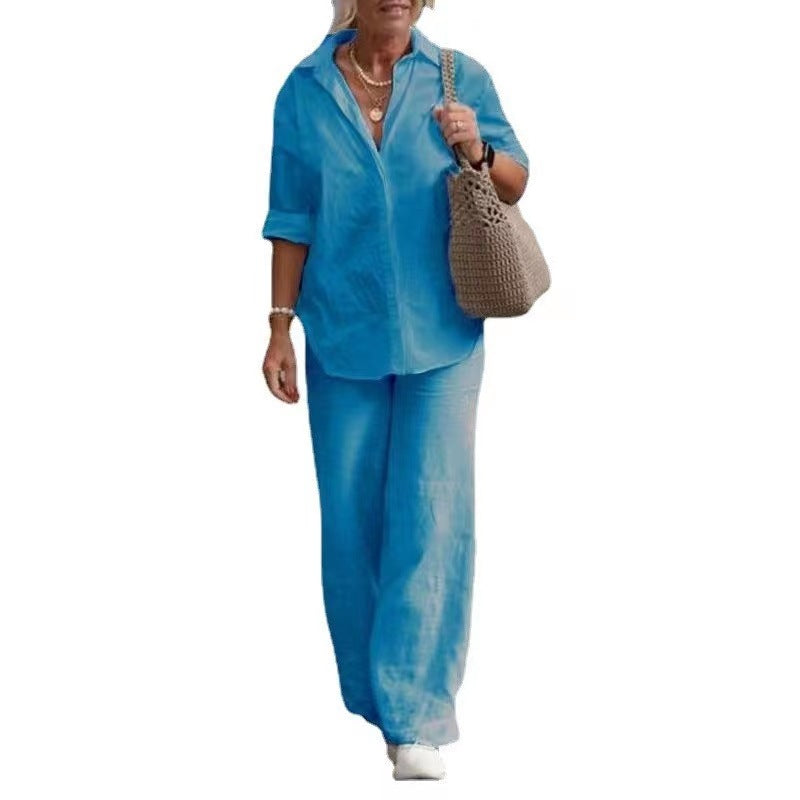 【50%OFF】【S-5XL】Costum casual solid cu pantaloni cu picior larg