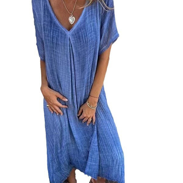 XS-3XL-2024 Fusta casual primavara-vara larga cu maneca scurta decolteu in V culoare solida rochie din bumbac si in
