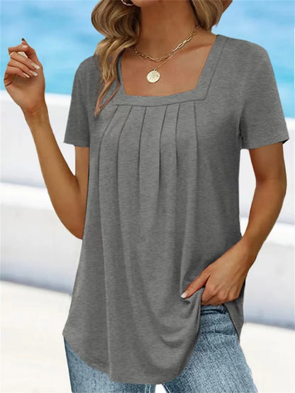 【S-5XL】2024 Vară Noul tricou de culoare solidă cu gât pătratTop Loose Femei cu mânecă scurtă