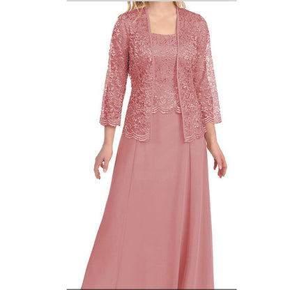 Amazon AliExpress Fashion European and American Style Two-Piece Lace Cardigan Chiffon Maxi Dress plus Size Women's Clothing 9957