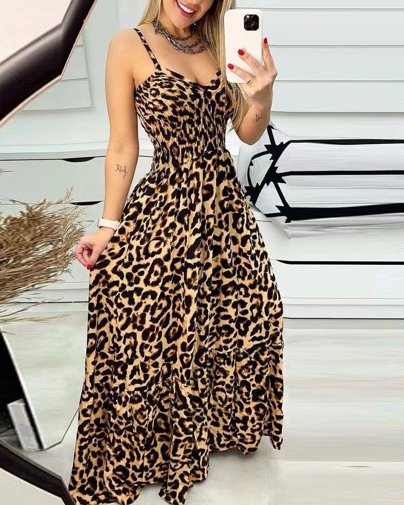 S-5XL-2024 De vară pentru femei nou leopard imprimeu bretele cu decolteu în V temperament sexy la modă fusta lungă