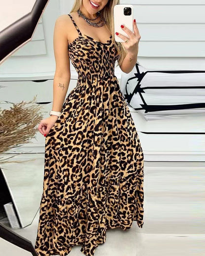 S-5XL-2024 De vară pentru femei nou leopard imprimeu bretele cu decolteu în V temperament sexy la modă fusta lungă