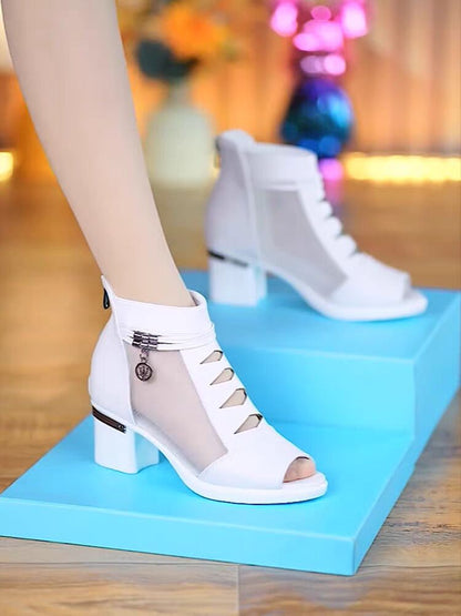 🔥【70%OFF】【35-40】2024 Vară stil nou toc gros gura de pește plasă sandale respirabile goale