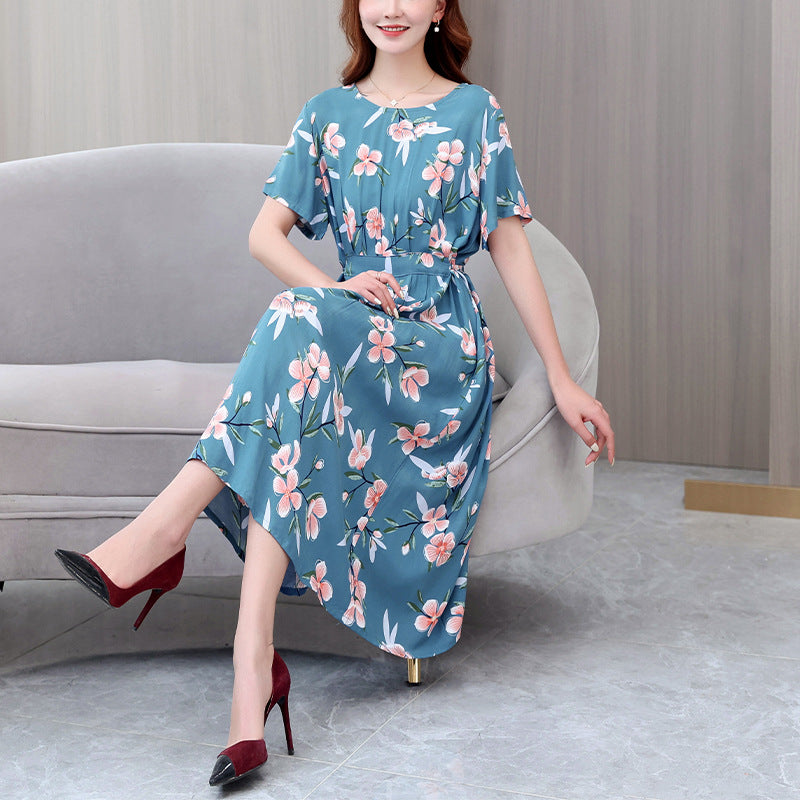 XL-5XL 2024  Rochie nouă din mătase de bumbac de vară, temperament high-end, fusta lungă din bumbac artificial leagăn mare pentru mamă în stil occidental poate fi purtată afară