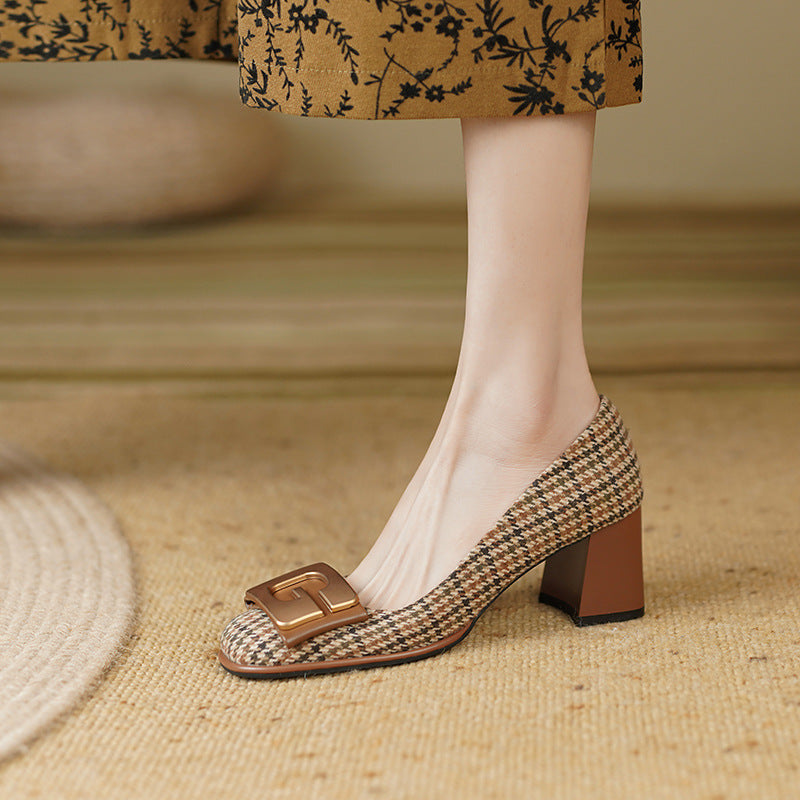 Retro Houndstooth Pumps Women 2024 New Metal Buckle 41 plus Size High Heels ~ Spring 6.5cm Mary Jane Shoes