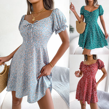 S-2XL-2024 Rochie casual cu maneca evazata, cravata, pendul floral