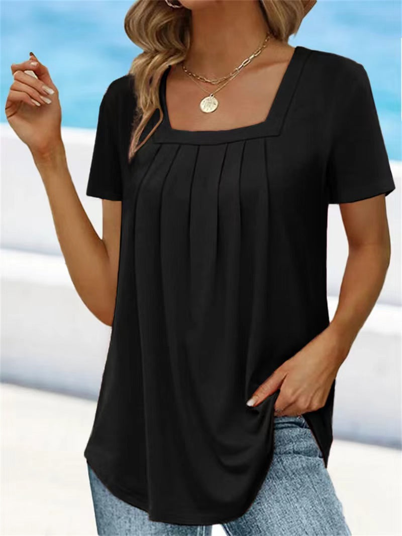 【S-5XL】2024 Vară Noul tricou de culoare solidă cu gât pătratTop Loose Femei cu mânecă scurtă