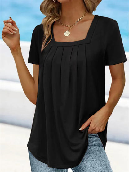 【S-5XL】2024 Vară Noul tricou de culoare solidă cu gât pătratTop Loose Femei cu mânecă scurtă