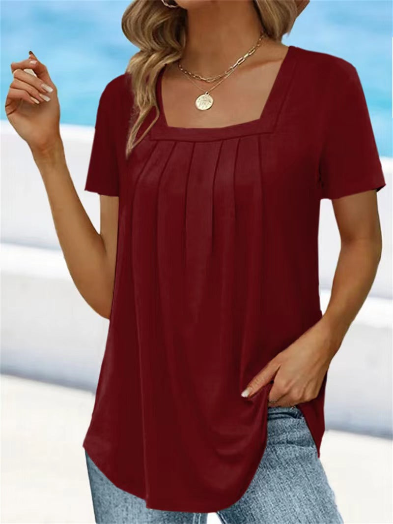 【S-5XL】2024 Vară Noul tricou de culoare solidă cu gât pătratTop Loose Femei cu mânecă scurtă