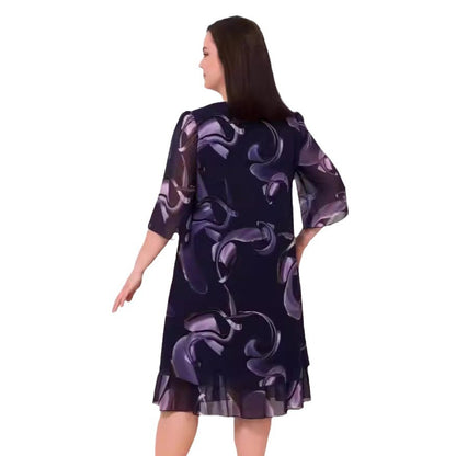 【S-5XL】Rochie elegantă cu imprimeu din plasă, cu mâneci cu volan
