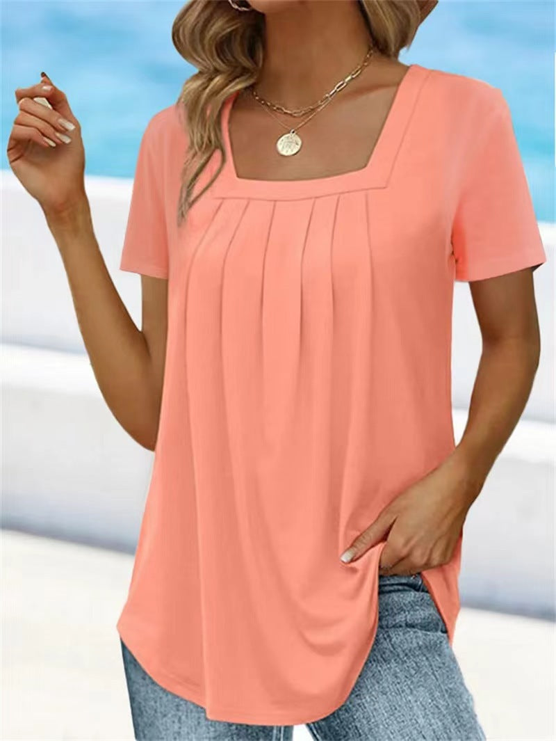 【S-5XL】2024 Vară Noul tricou de culoare solidă cu gât pătratTop Loose Femei cu mânecă scurtă
