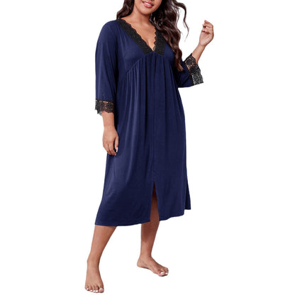 [1XL-5XL ]-2024 Plus dimensiune doamnelor cu mâneci lungi panou de dantelă V-gât loose acasă cămașă de noapte femei