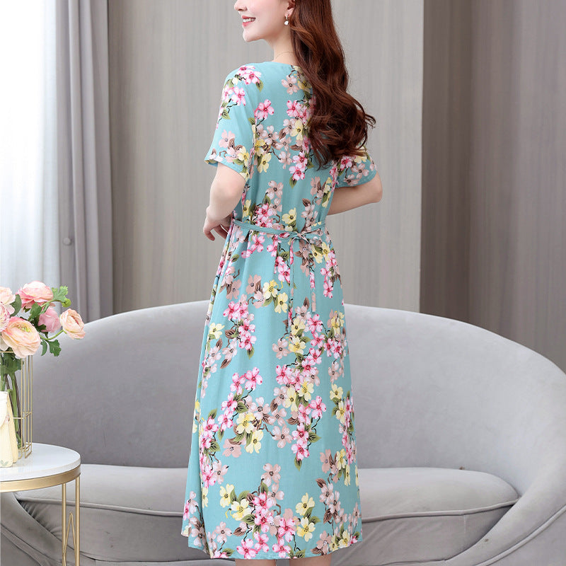 XL-5XL 2024  Rochie nouă din mătase de bumbac de vară, temperament high-end, fusta lungă din bumbac artificial leagăn mare pentru mamă în stil occidental poate fi purtată afară