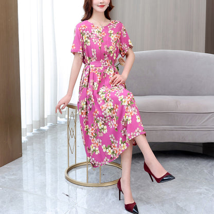 XL-5XL 2024  Rochie nouă din mătase de bumbac de vară, temperament high-end, fusta lungă din bumbac artificial leagăn mare pentru mamă în stil occidental poate fi purtată afară