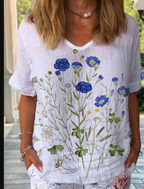 【Cumpără 1 primești 1 gratis】【XS-6XL】Tricou cu mâneci scurte cu imprimeu floral din in bumbac