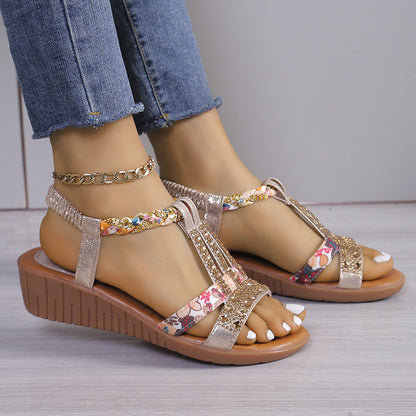 2024 Nou 34-43- Pantofi mari pentru femei stil Bohemian Casual Set Picior de apă diamant pantă toc rotund Cap Sandale de plajă