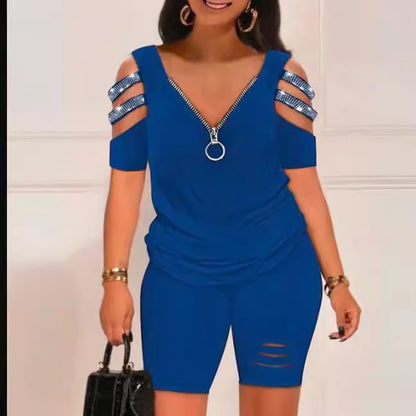 S-3XL-2024 Costum casual de damă imprimat cu decolteu în V cu fermoar cu mâneci scurte și pantaloni scurți din două piese