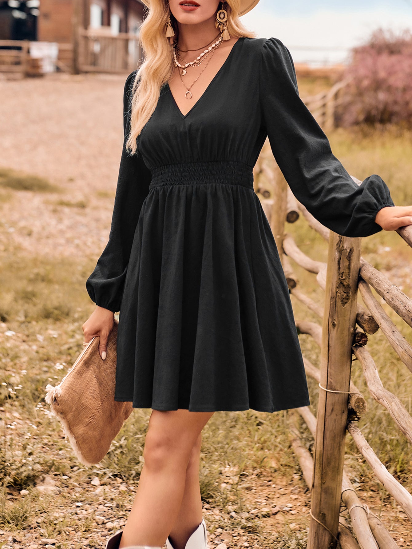 S-XL-2024 Rochie casual cu maneca lunga in V pentru femei noua rochie cu maneca lunga in culoare in V